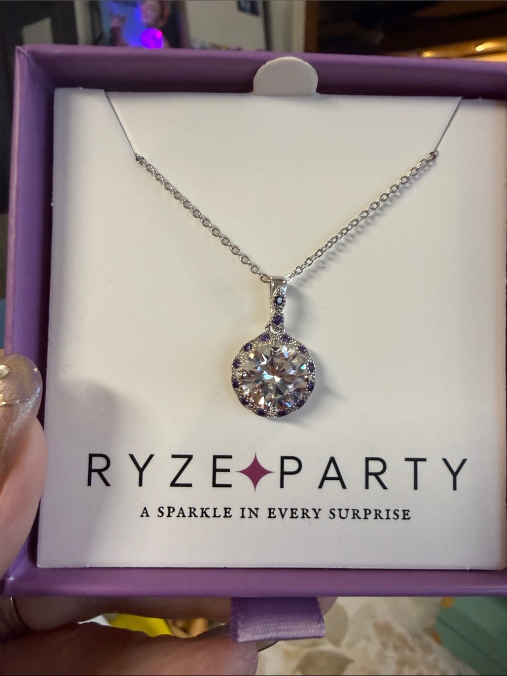 Silver Pendant Necklace with Purple Accent Stones